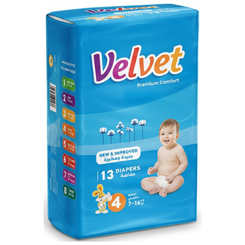 حفاضات فيلفيت بريميوم كمفورت مقاس 4 ماكسي 7−16 كغ 13 قطعة