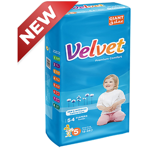 حفاضات فيلفيت بريميوم كمفورت مقاس 5 ماكسي بلس 12−25 كغ 54 قطعة