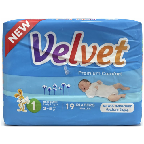 حفاضات فيلفيت بريميوم كمفورت مقاس 1 حديث الولادة 2−5 كغ 19 قطعة