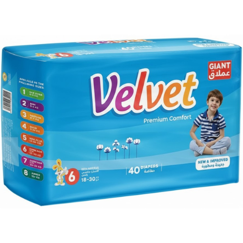 حفاضات فيلفيت بريميوم كمفورت مقاس 6 إكسترا ماكسي بلس 18−30 كغ 40 قطعة
