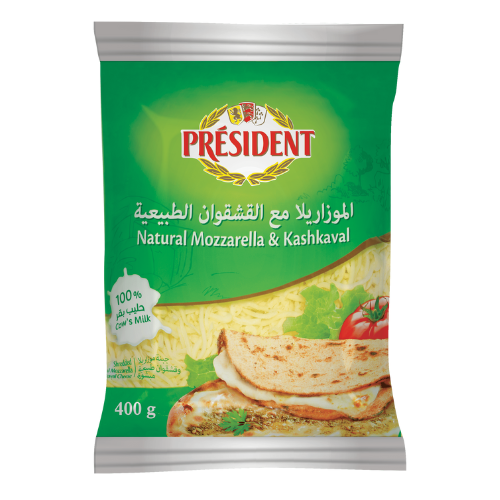 جبنة موزاريلا مع قشقوان مبشورة 400جم بريزيدنت