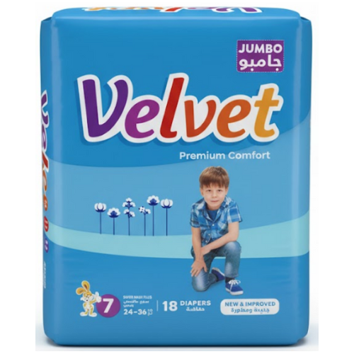 حفاضات فيلفيت بريميوم كمفورت مقاس 7 سوبر ماكسي بلس 24−36 كغ 18 قطعة