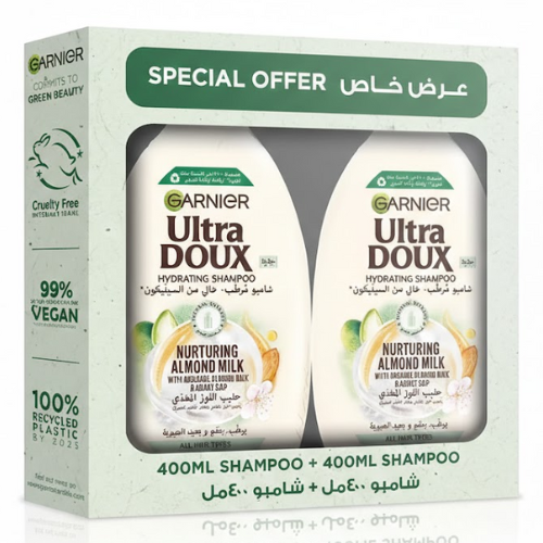 غارنييه ألترا دو، عرض القيمة شامبو مرطب يومي بحليب اللوز المغذي 2 × 400 مل