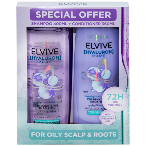 لوريال إلفيف هيالورون بيور شامبو منقى للشعر الدهني 400 مل + بلسم 360 مل