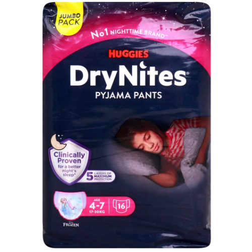 سراويل حفاضات دراي نايتس بيريحات النوم للبنات من هجيز، لعمر 4-7 سنوات، بوزن 17-30 كجم، 16 حبة
