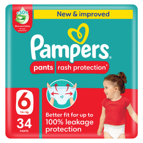 حفاضات بامبرز كلوت للحماية من الطفح الجلدي، مقاس 6، 16+ كجم، 34 قطعة