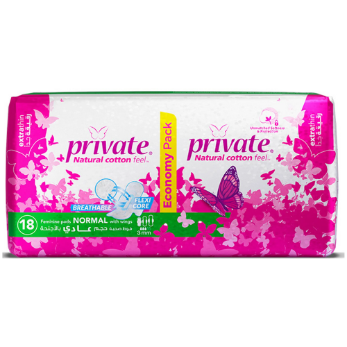 فوط صحية برايفت ملمس القطن الطبيعي رقيقة جداً عادية بالأجنحة، 18 قطعة
