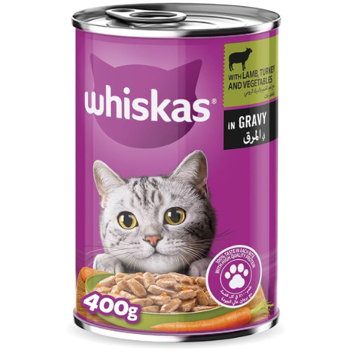 طعام قطط ويسكاس بالخروف والديك الرومي والخضار في المرق، 400 جم