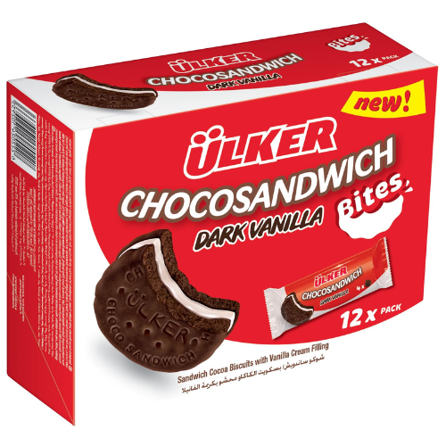 بسكويت ساندويتش شوكو بالفانيليا الداكنة من أولكر، 12 × 32 جم